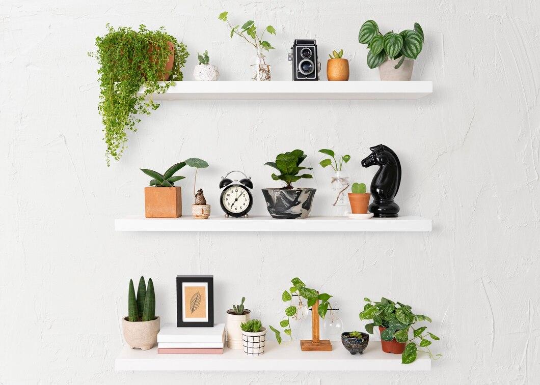 A shelf with plants and objects on it

Description automatically generated