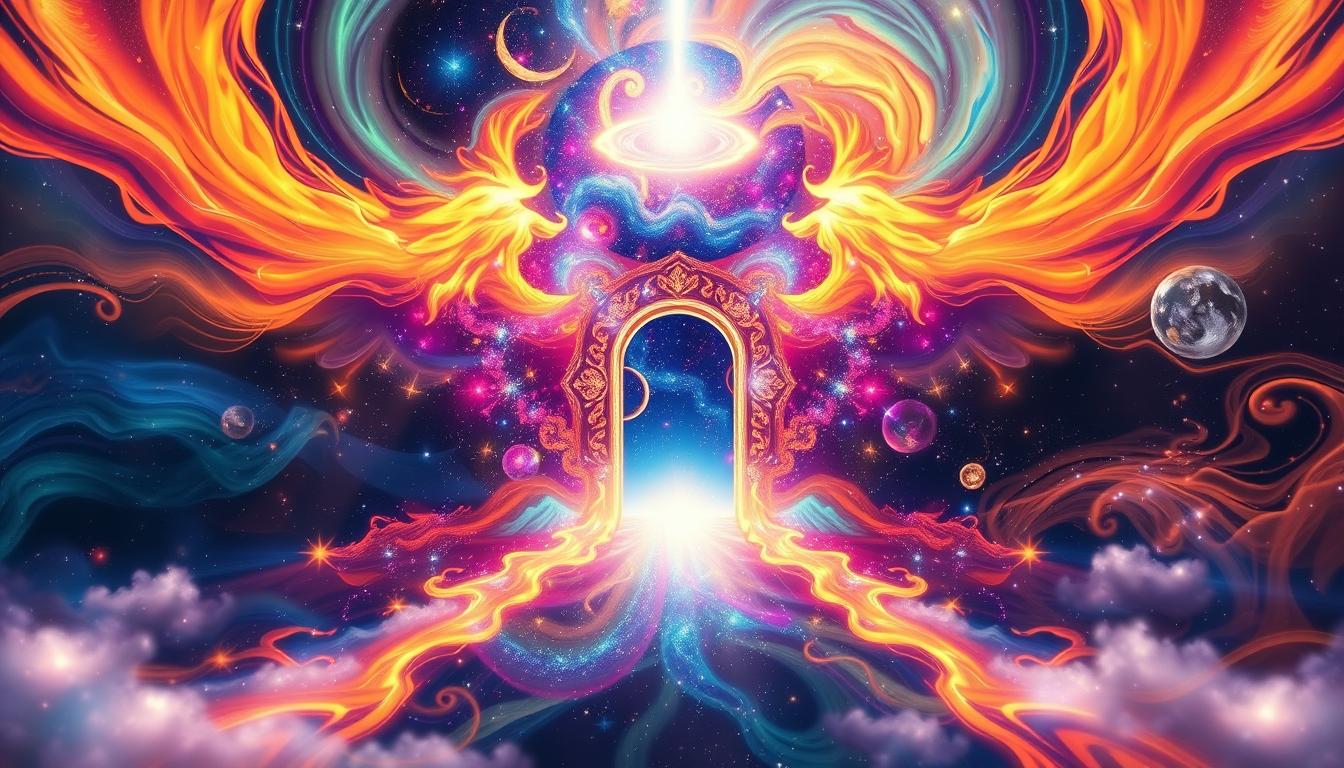 An image depicting the cosmic alignment of the Lions Gate Portal, with vibrant colors and swirling patterns representing spiritual awakening and manifestation of dreams. Incorporate elements such as stars, galaxies, and celestial bodies to signify the vastness of the universe and the limitless potential within oneself. The Lions Gate Portal should be prominent in the center of the image, radiating energy and power. Show the connection between the portal and the viewer through a beam of light or aura. Emphasize the importance of embracing this cosmic alignment to awaken the soul and fulfill one's true purpose in life.