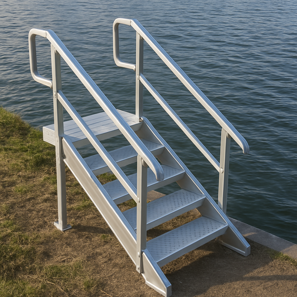 Sturdy aluminum dock stairs with railing by the water