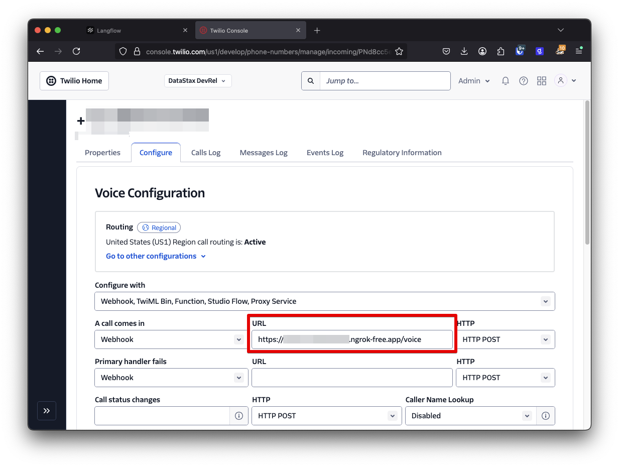 A screenshot of the Twilio Console's "Configure" tab for a phone number. The "Voice Configuration" section is visible. Under "Configure with", the "A call comes in" option is set to "Webhook", and a URL field, partially obscured but showing "https://...ngrok-free.app/voice", is highlighted with a red box. "HTTP POST" is selected as the method.