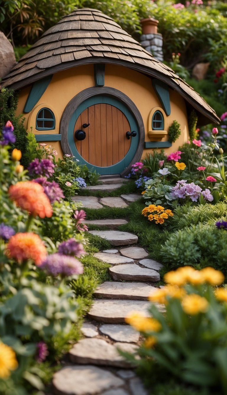 A cozy hobbit hole nestled in a lush backyard fairy garden, surrounded by colorful flowers, winding paths, and whimsical decorations