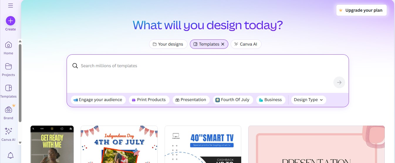 Canva homepage - branding tool