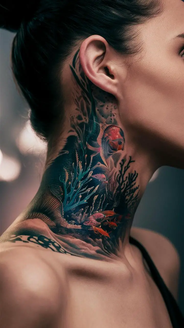 colorful neck tattoo on a woman