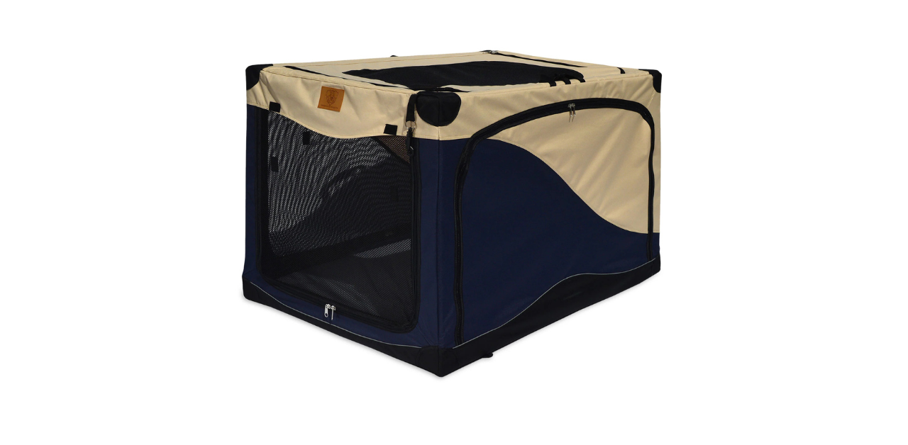 Collapsible beige and navy blue pet crate with mesh sides and a zippered entrance