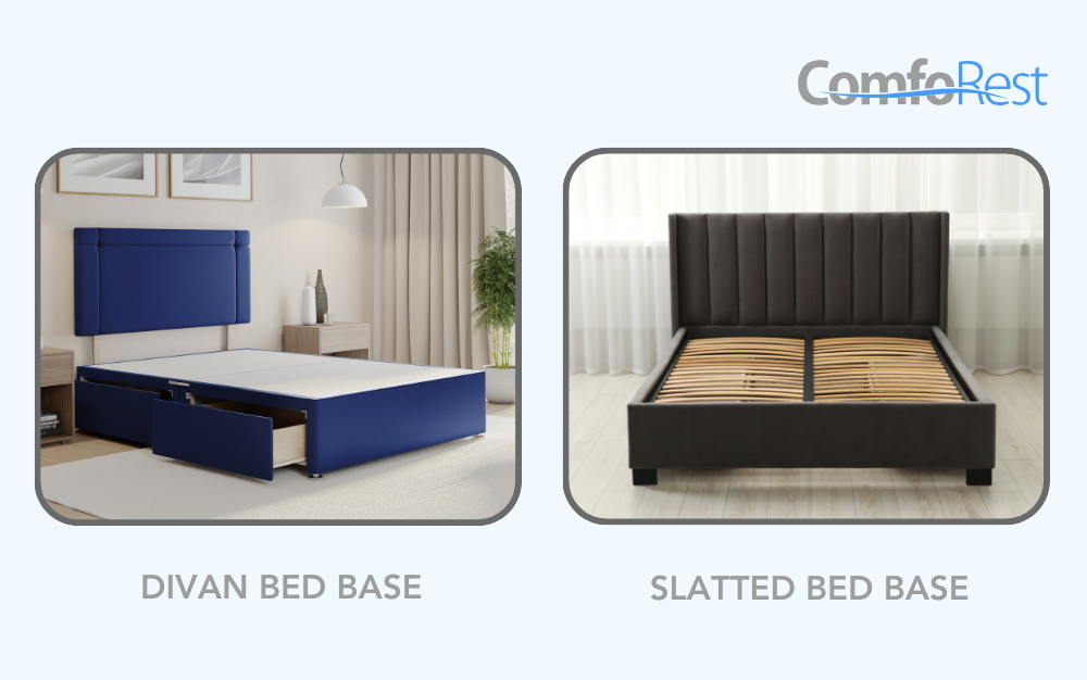 Comparison of a divan bed base with built-in storage drawers and a slatted bed base with a sleek upholstered headboard, highlighting different support and storage options for modern bedrooms