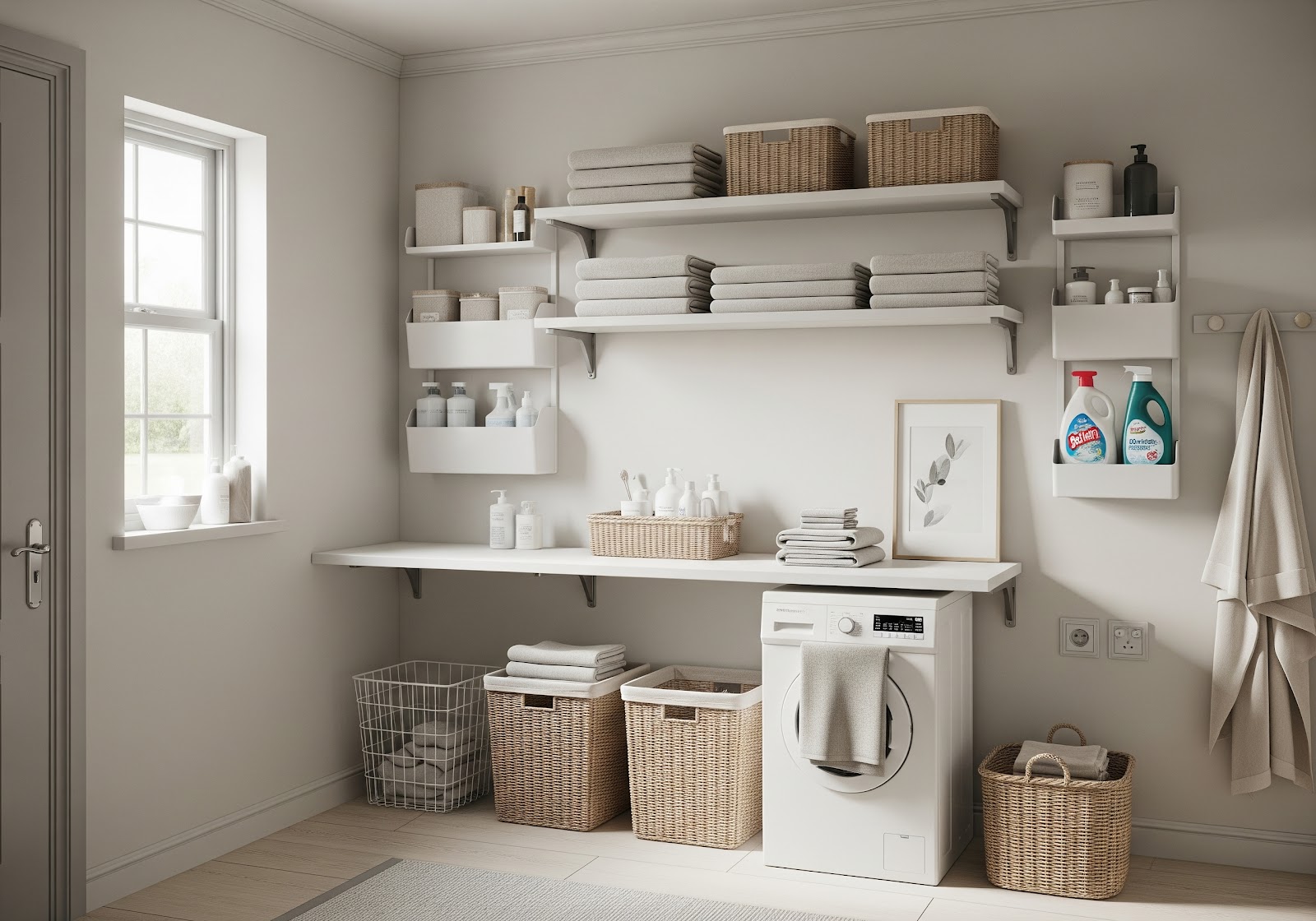 Uma área de serviço organizada com prateleiras flutuantes, cestos de roupa e produtos de limpeza dispostos de forma vertical.