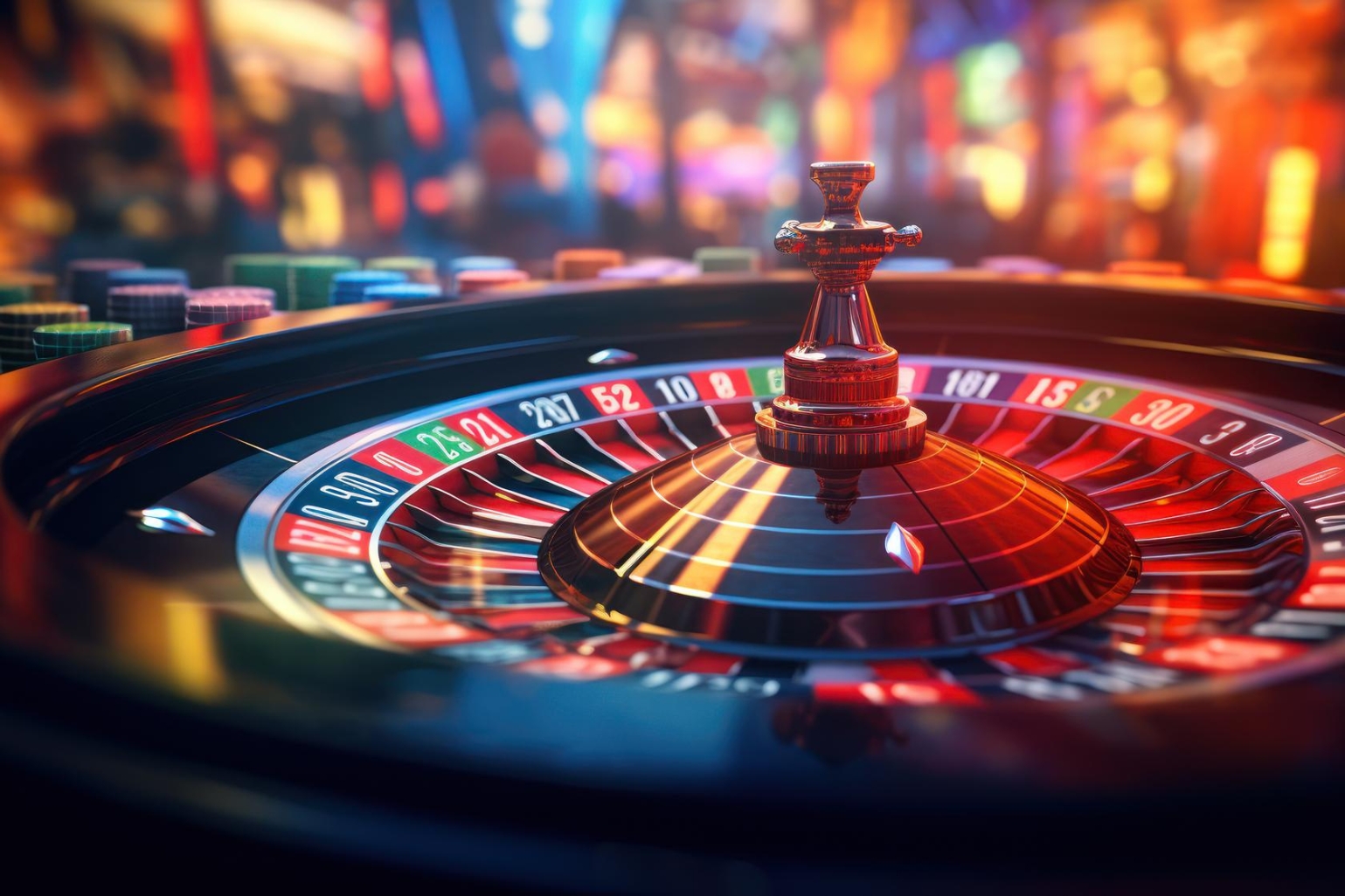 A casino roulette wheel against a vibrant red and black background, showcasing its classic design.