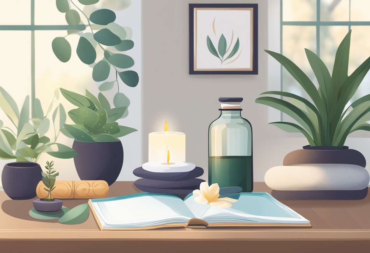 A serene spa setting with soft lighting, plants, and calming decor. A yoga mat, essential oils, and a journal are placed on a table