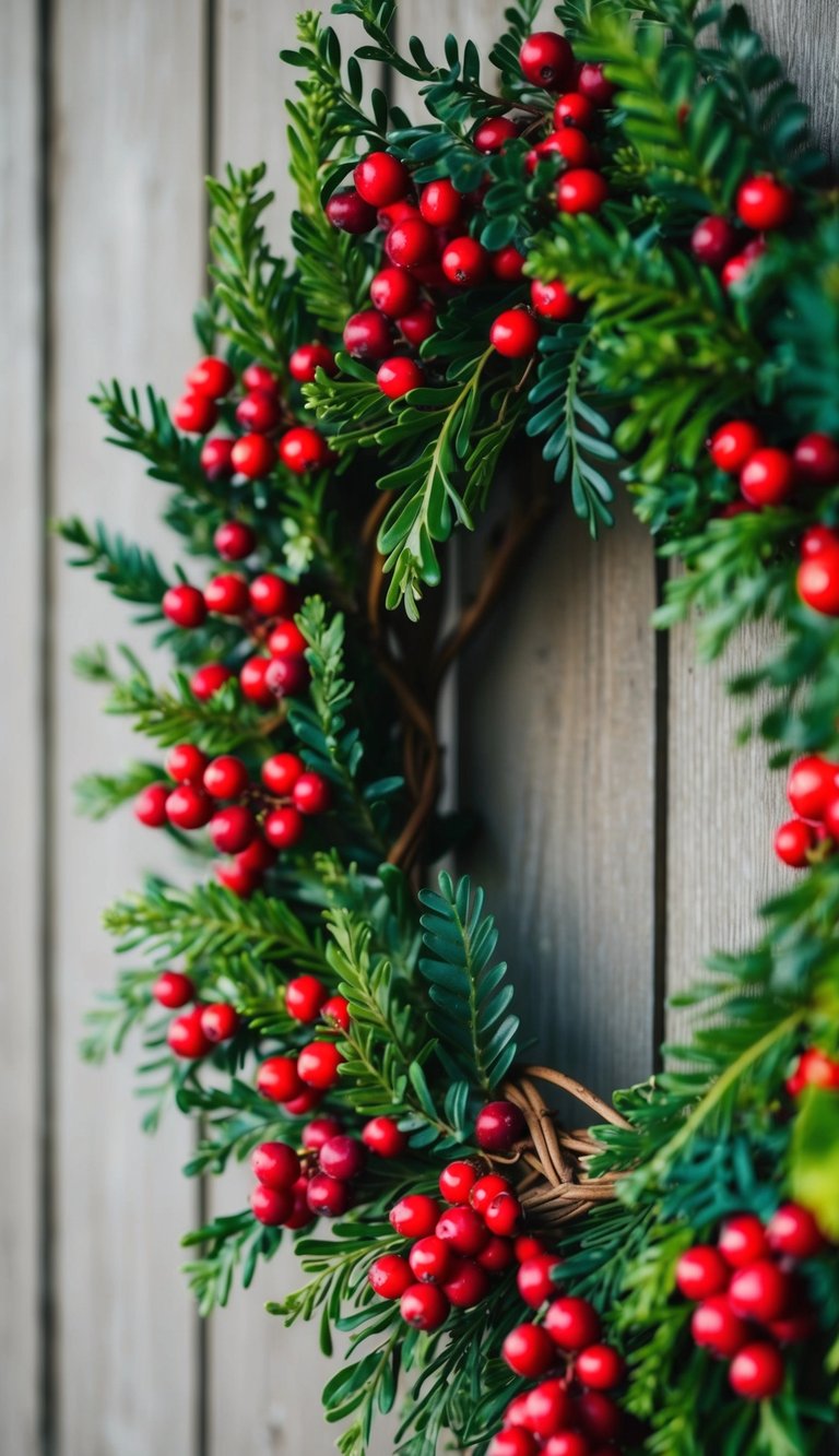 A lush grapevine wreath adorned with vibrant red berries and green foliage, evoking a festive Christmas atmosphere