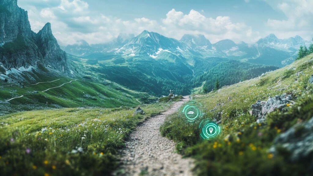 Augmented reality map guiding a hiker through scenic trails
