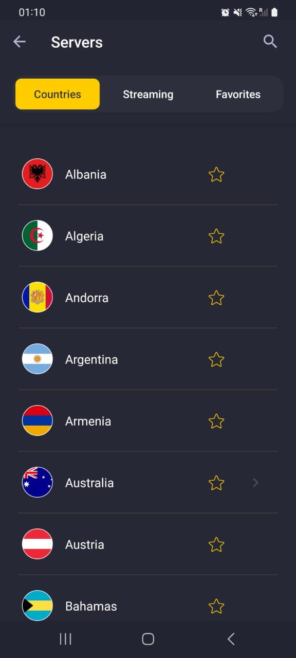 CyberGhost's Android VPN app list of servers