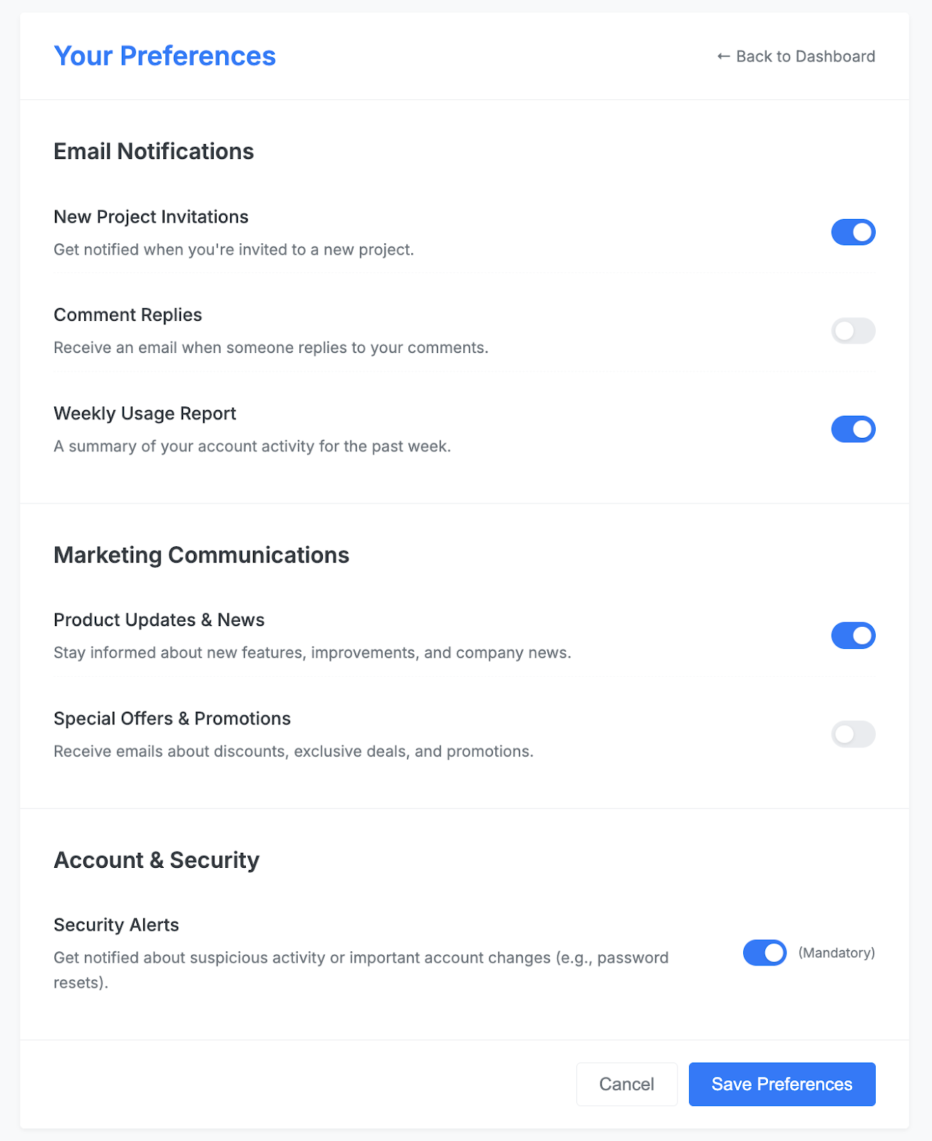 Mailtrap example of a preference centre