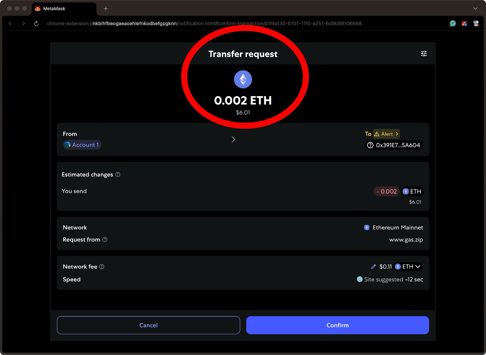MetaMask transfer request confirmation for 0.002 ETH to Gas.zip on Ethereum Mainnet, showing sender wallet, destination address, and estimated network fee