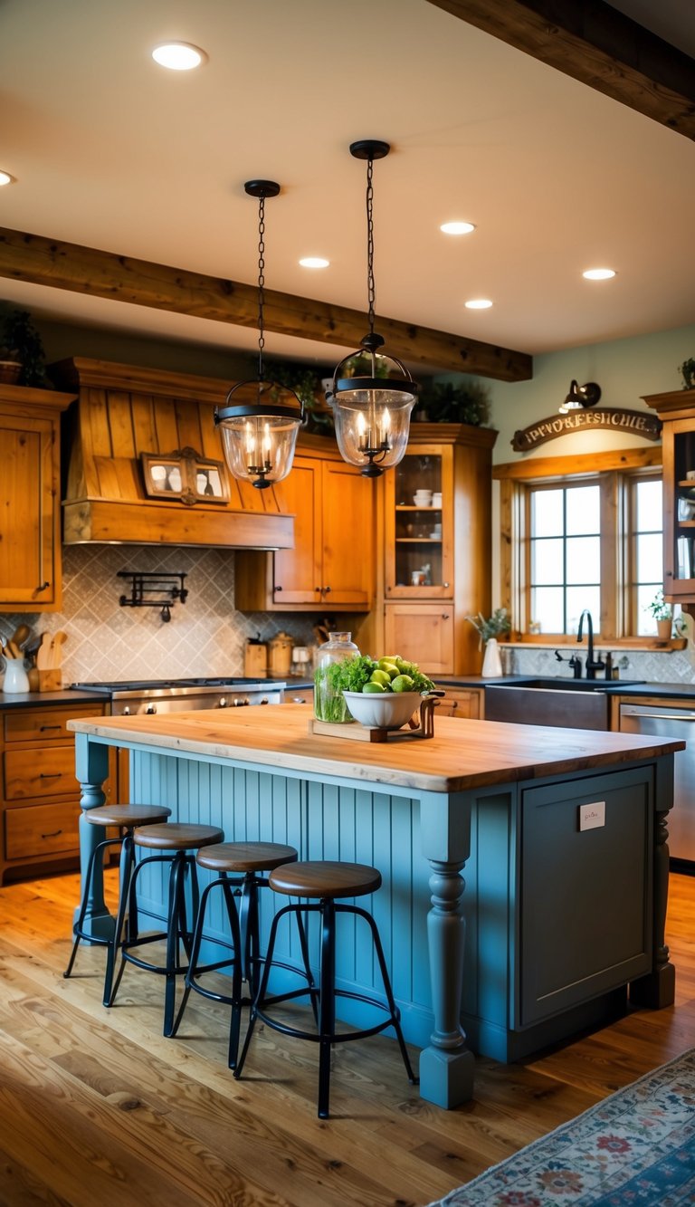 A rustic farmhouse kitchen with a large island featuring bar stools, surrounded by warm wooden cabinets and vintage decor