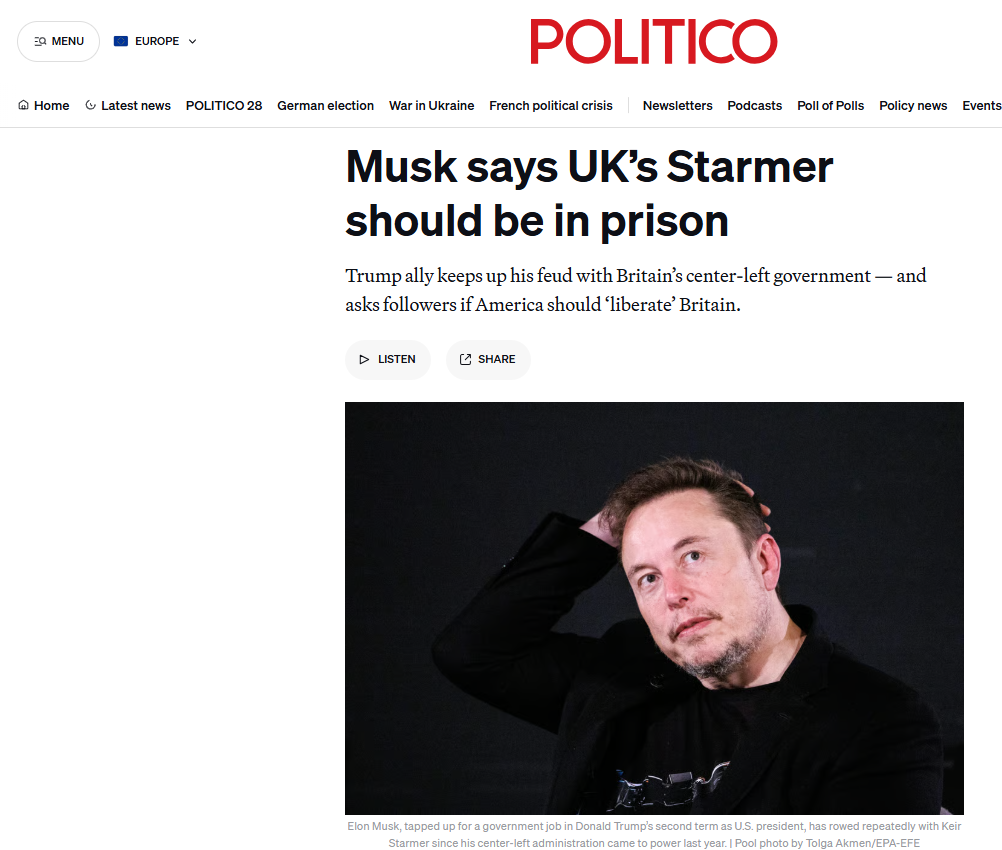 Musk says UK's Starmer should be in prison