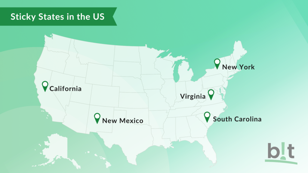 A map of the US highlighting the five "sticky states" for tax residence purposes: California, New Mexico, New York, South Carolina, and Virginia.