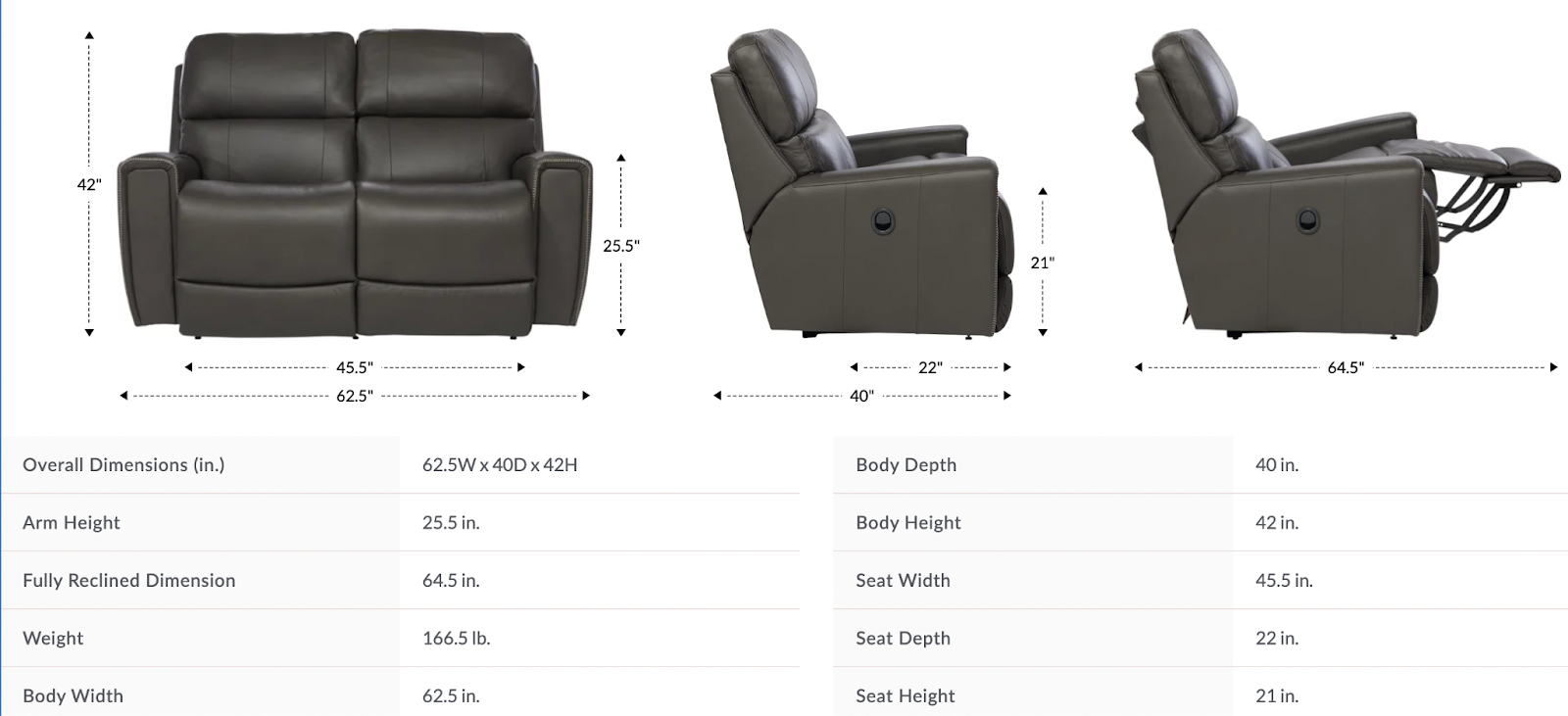 apollo reclining loveseat size & dimensions