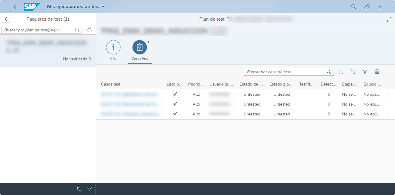 Vista de los casos de prueba incluidos dentro de un paquete y su estado actual.