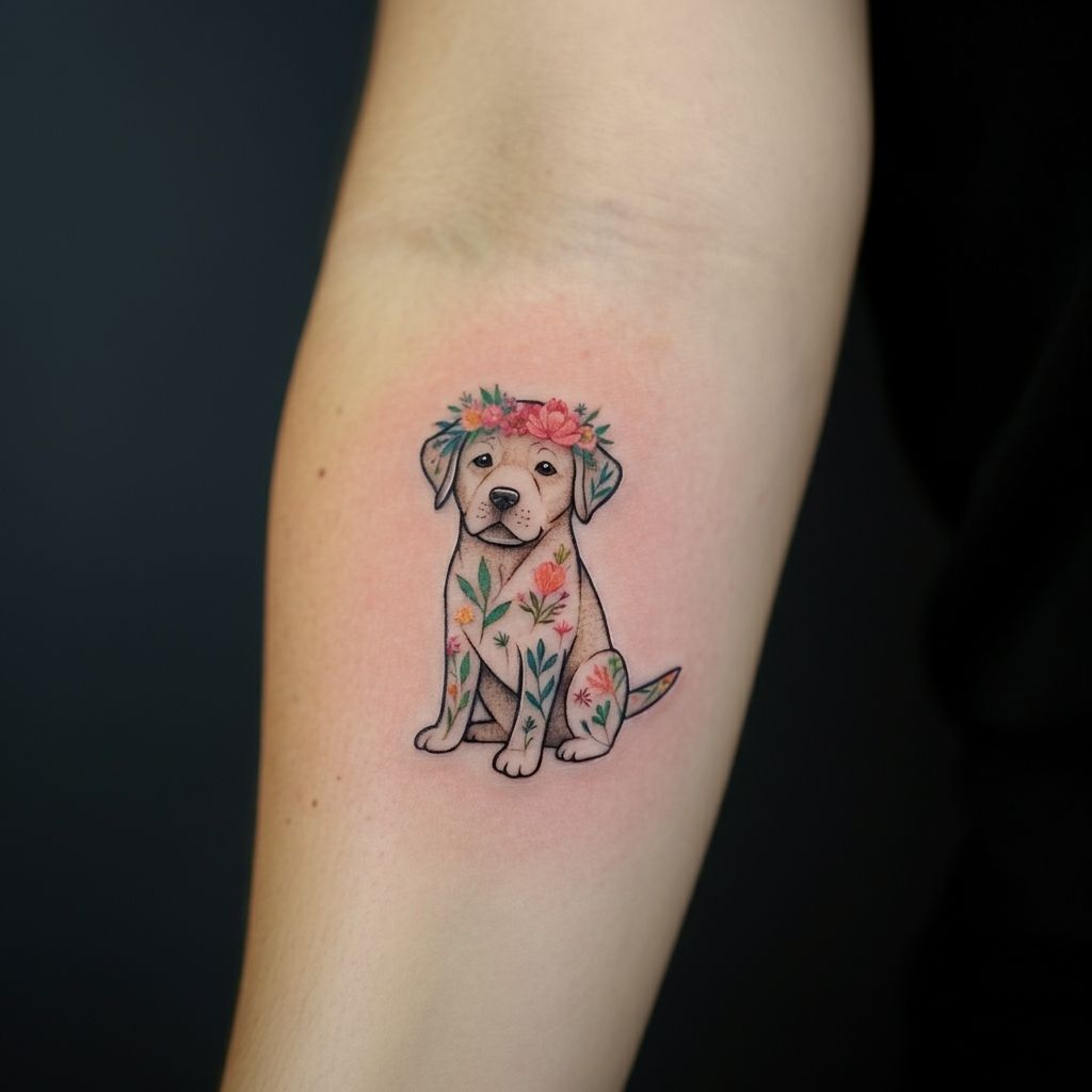 Labrador with a Flower Crown Tattoo