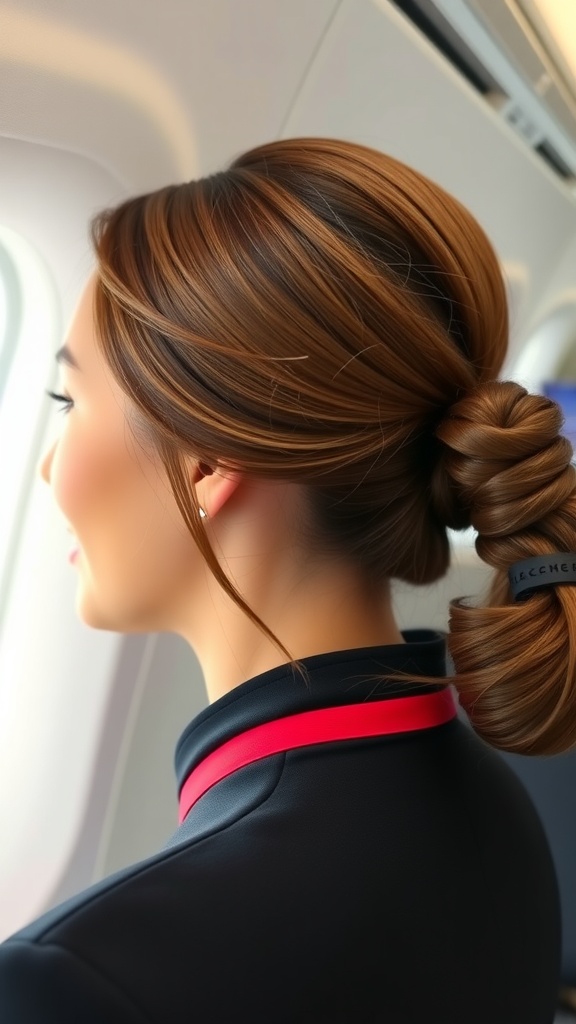A flight attendant with a classic side ponytail, showcasing a polished hairstyle inside an airplane.