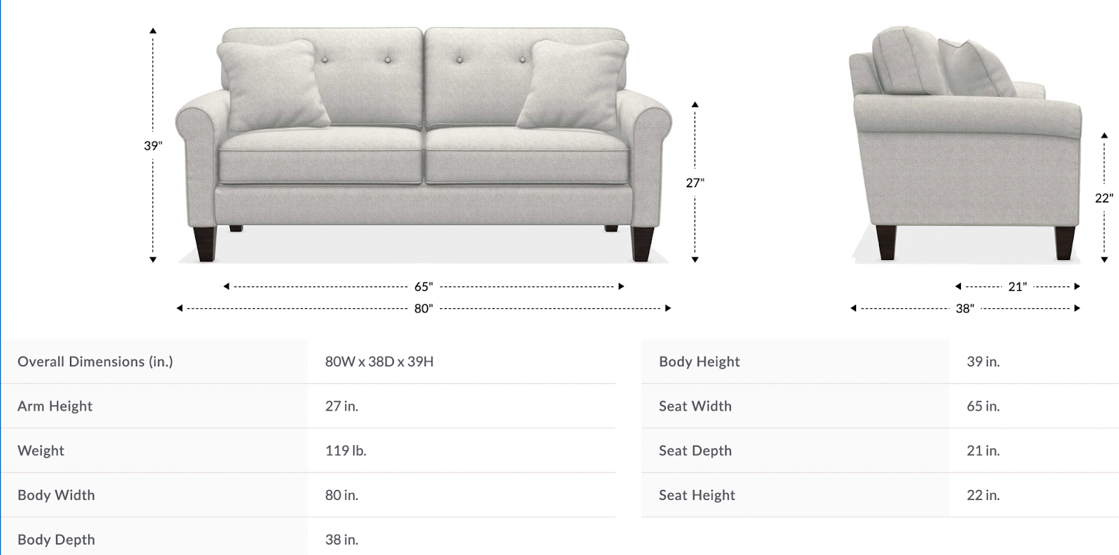 laurel sofa dimensions