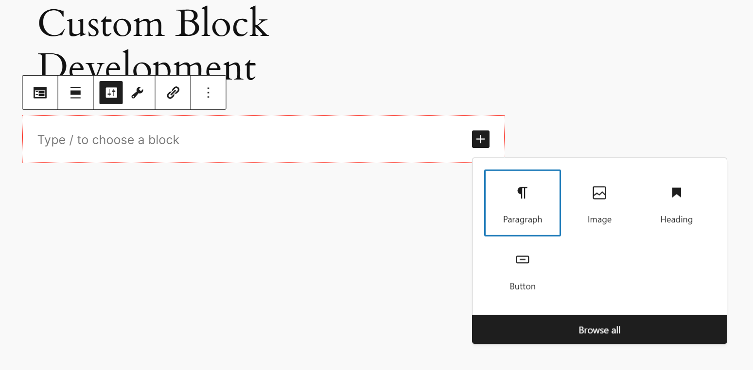 The custom block’s nested blocks are restricted to only the four blocks we defined in the allowedBlocks property. 