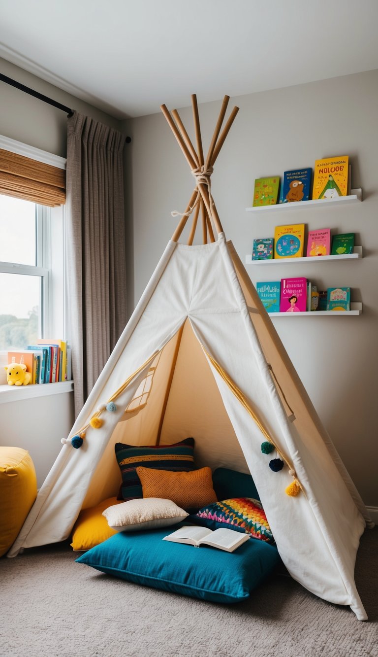 A cozy reading nook with a teepee in a kids' bedroom, surrounded by colorful books and plush cushions