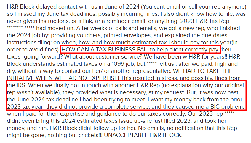 H&R Block User review on BBB