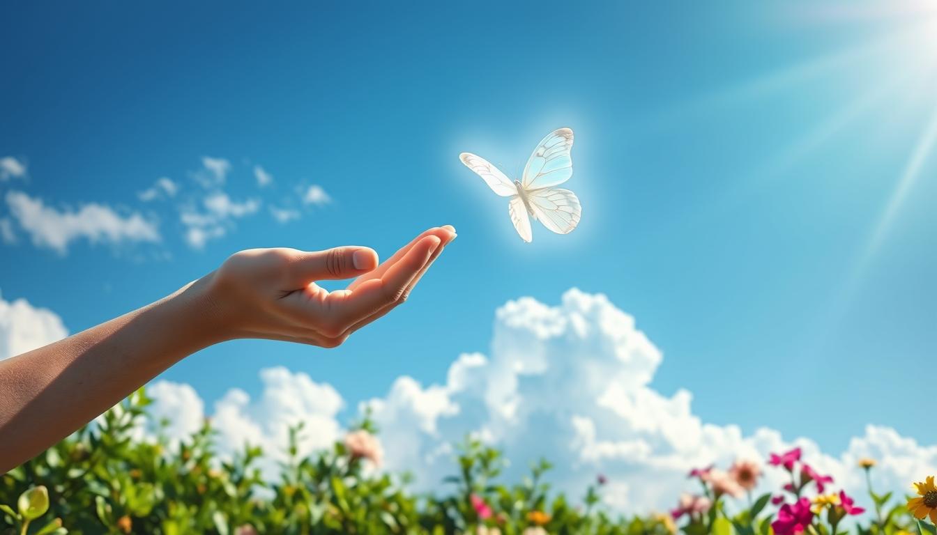 A serene scene of a hand releasing a glowing, ethereal butterfly into a clear blue sky, surrounded by soft, fluffy clouds and gentle rays of sunlight filtering through. The background features lush greenery and blooming flowers, symbolizing growth and new beginnings.