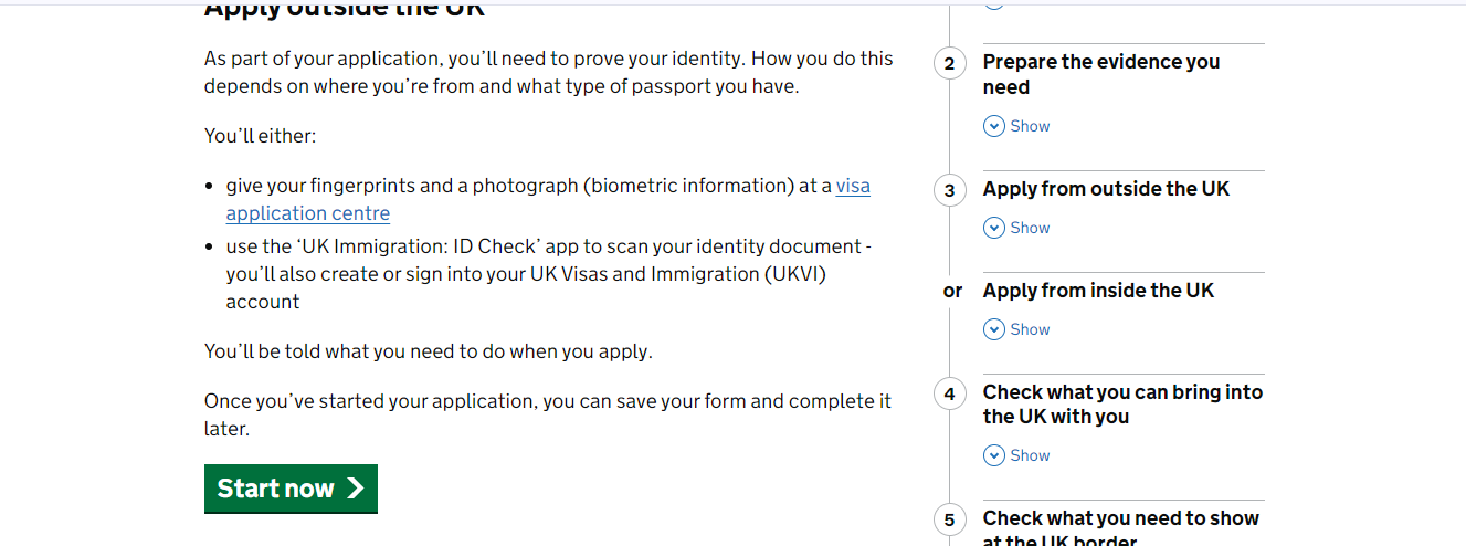 Start with your UK student visa application with that green start button.