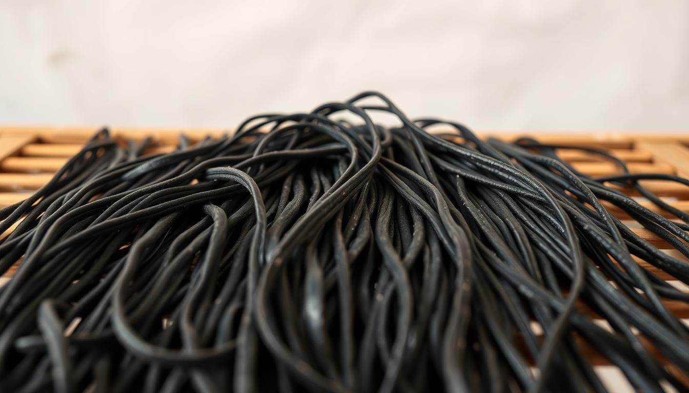 A close-up photograph of freshly made squid ink pasta strands drying on a rustic wooden drying rack. The pasta strands are a deep, inky black color, contrasting beautifully against the warm, weathered wood. The lighting is soft and diffused, creating gentle shadows that accentuate the delicate, ribbon-like texture of the pasta. The composition places the drying rack in the foreground, filling the frame, with a simple, uncluttered background that allows the pasta to be the focus. The overall mood is one of artisanal craftsmanship and the care taken in the traditional preparation of homemade pasta.