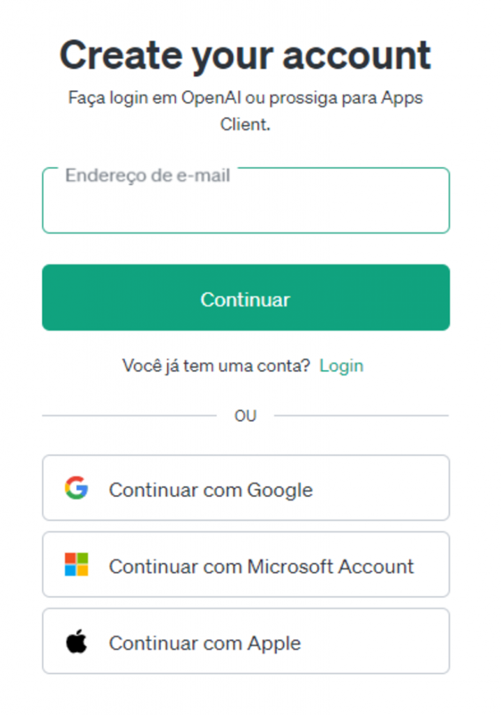 Página de criar conta no ChatGPT