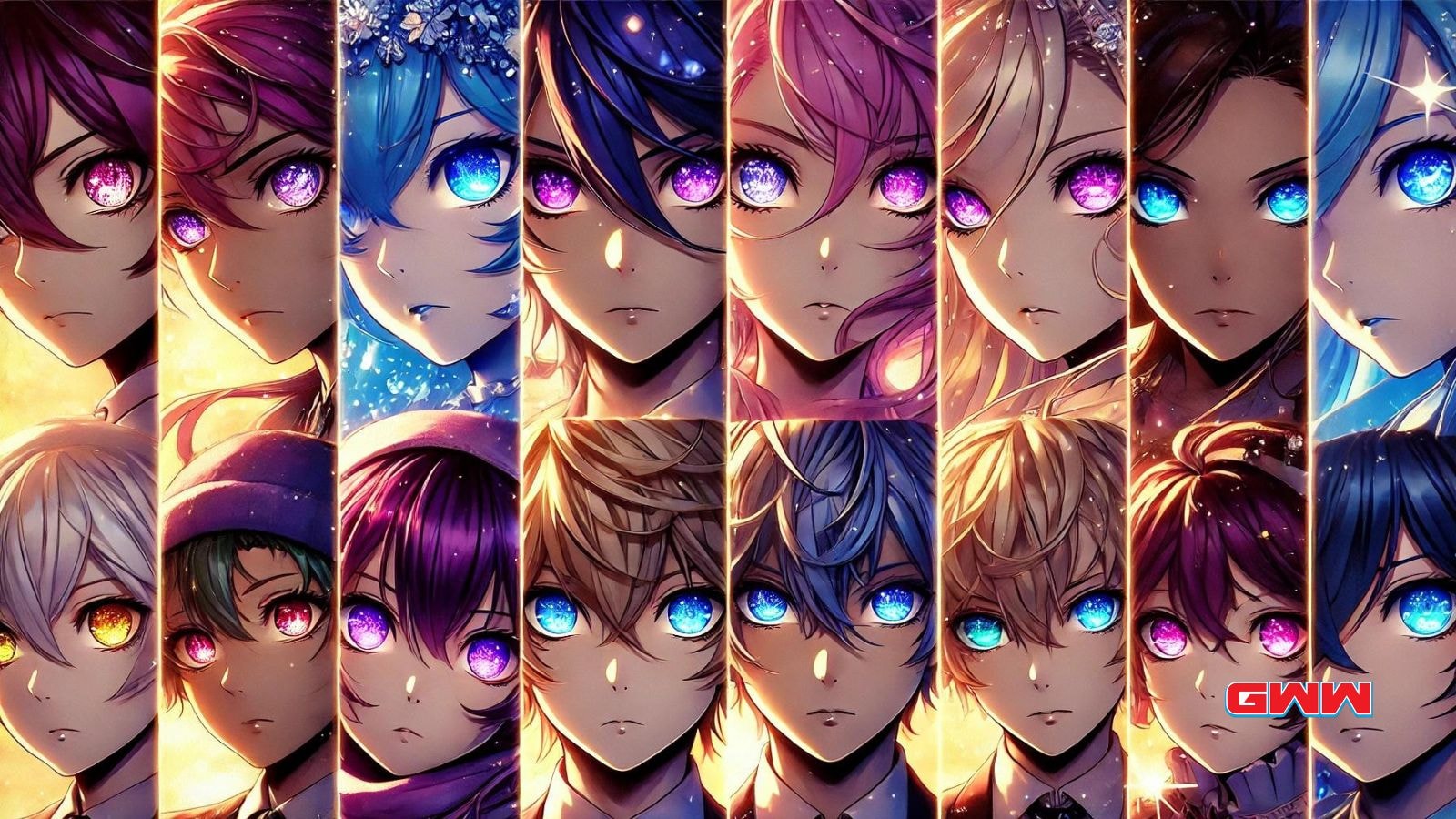 A lineup of anime characters with striking, colorful eyes, each uniquely detailed.