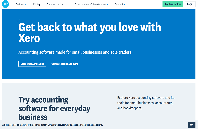  Xero website homepage with a focus on small business accounting software