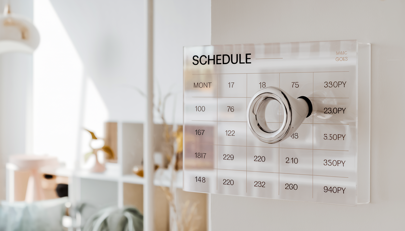 A stylish home fitness space with acrylic wall mount sign holders displaying workout schedules, set in a bright, airy environment with pastel colors.