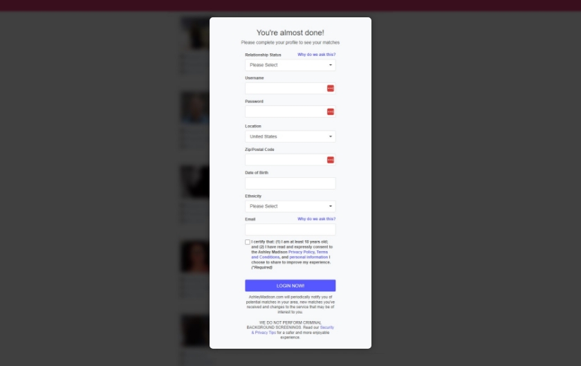 ashley madison dating site registration process signup form