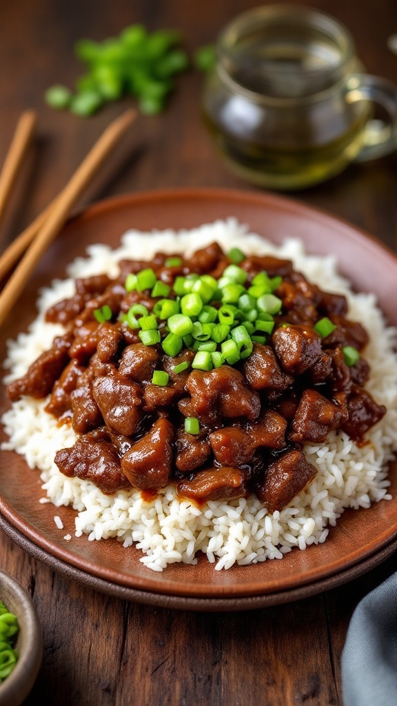 A plate of Mongolian beef on rice, garnished with green onions, shot on a rustic wooden table.