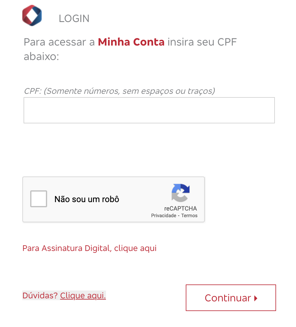 Print da tela de login para acessar a fatura Losango.