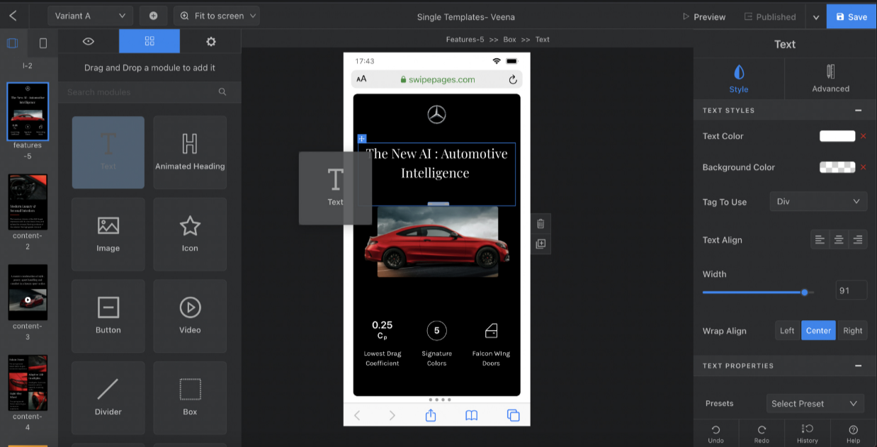 A website builder interface displays a mobile preview of a car-themed webpage with text about AI automotive intelligence and design tools on the left panel