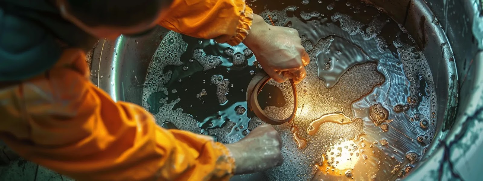 a person fixing a clogged drain using household items with determination and focus.