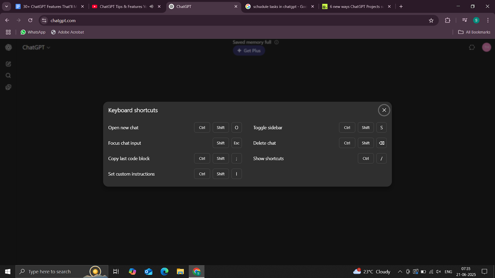 Keyboard shortcuts for chatgpt