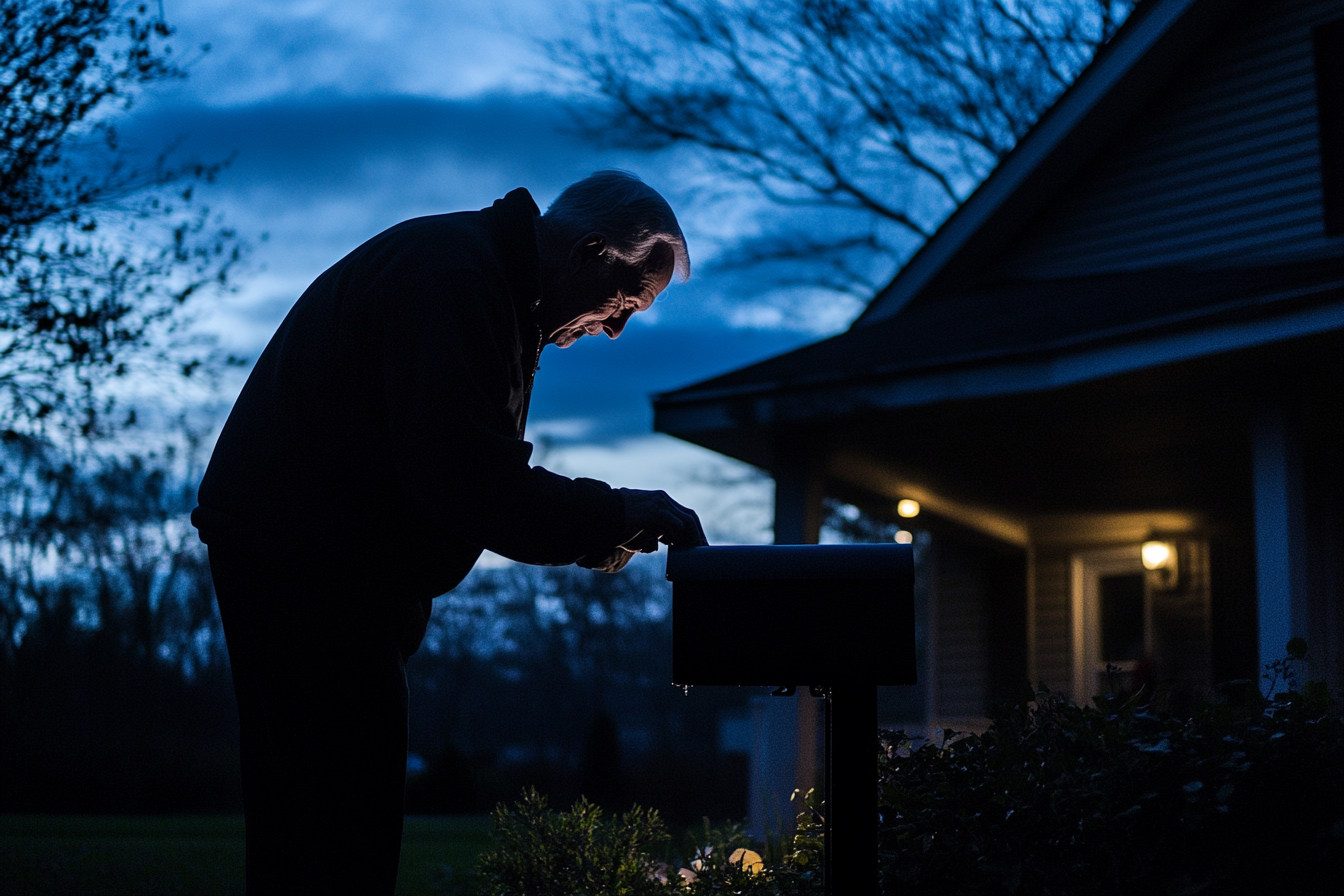 Night shot of an older man opening a mailbox outside a house | Source: Midjourney