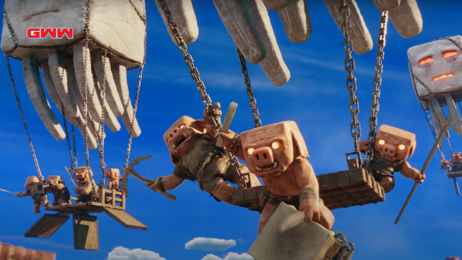 Piglins on flying platforms, preparing for battle in the Minecraft movie.