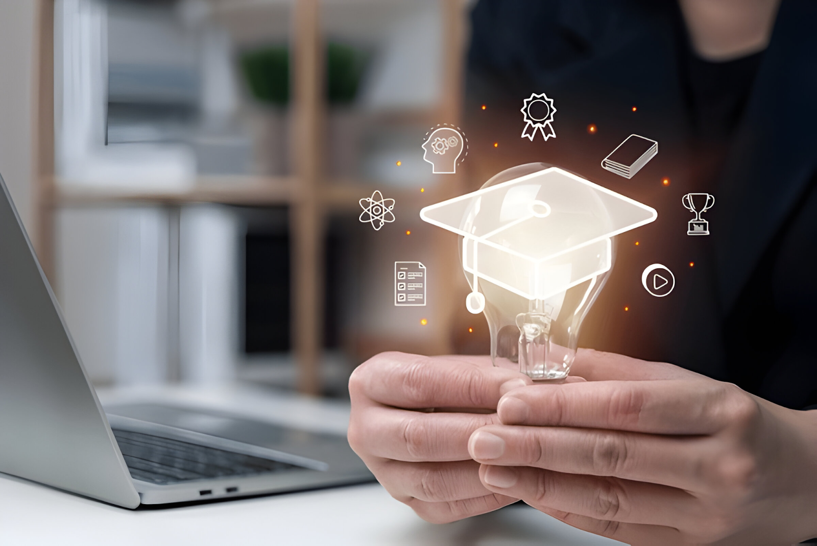Businessperson holding a light bulb with graduation cap symbol, representing education and certification in accounting and finance.