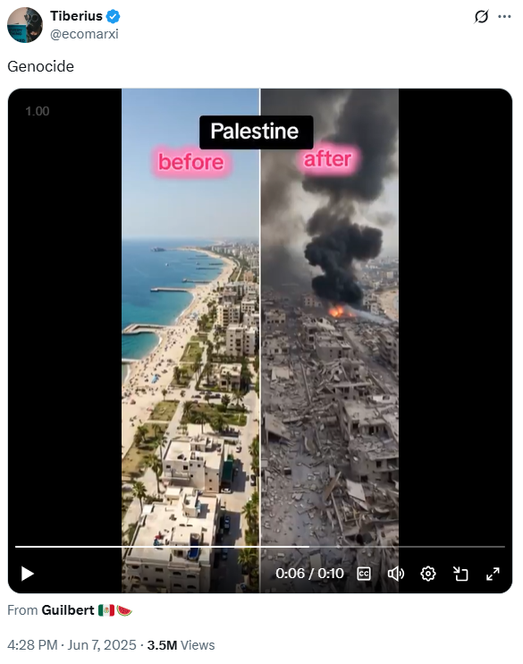 a video claiming to show before and after scenes of Gaza's destruction caused by the Israeli war.