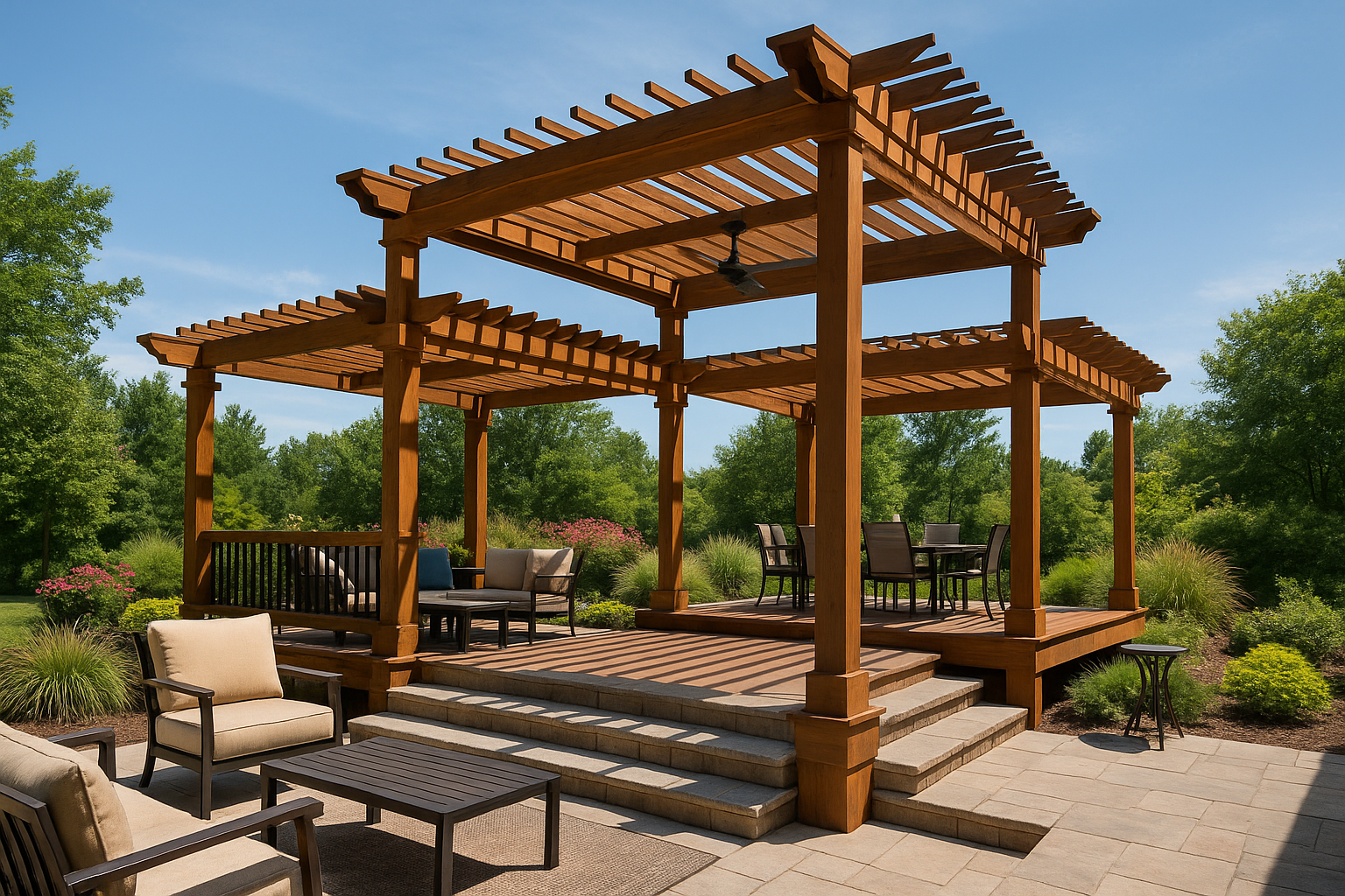 Pergola with multi-level roofs and varied seating areas showcasing layered outdoor space.
