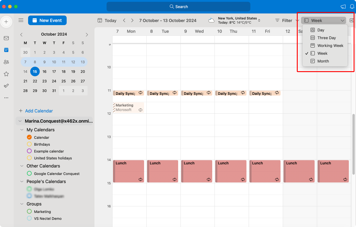 Switching between different calendar views in Outlook for Mac. 