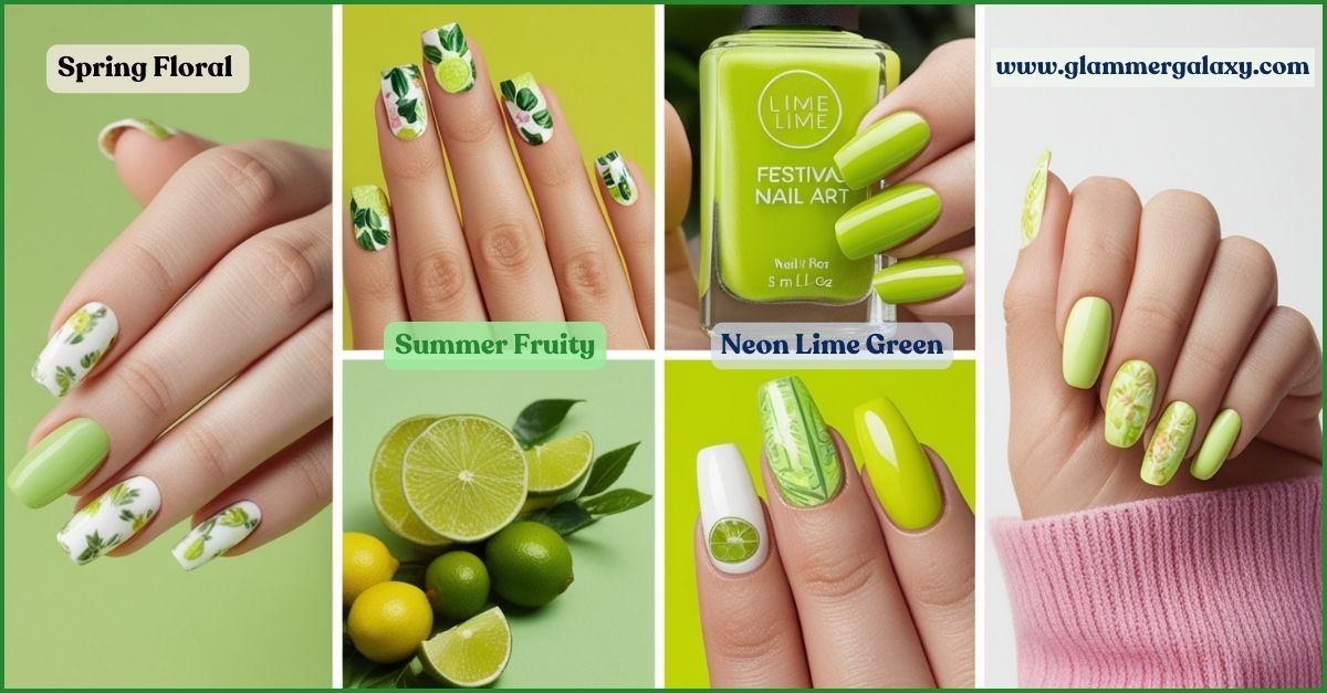 Assorted lime green nail art designs, including floral and fruity themes, displayed on hands.