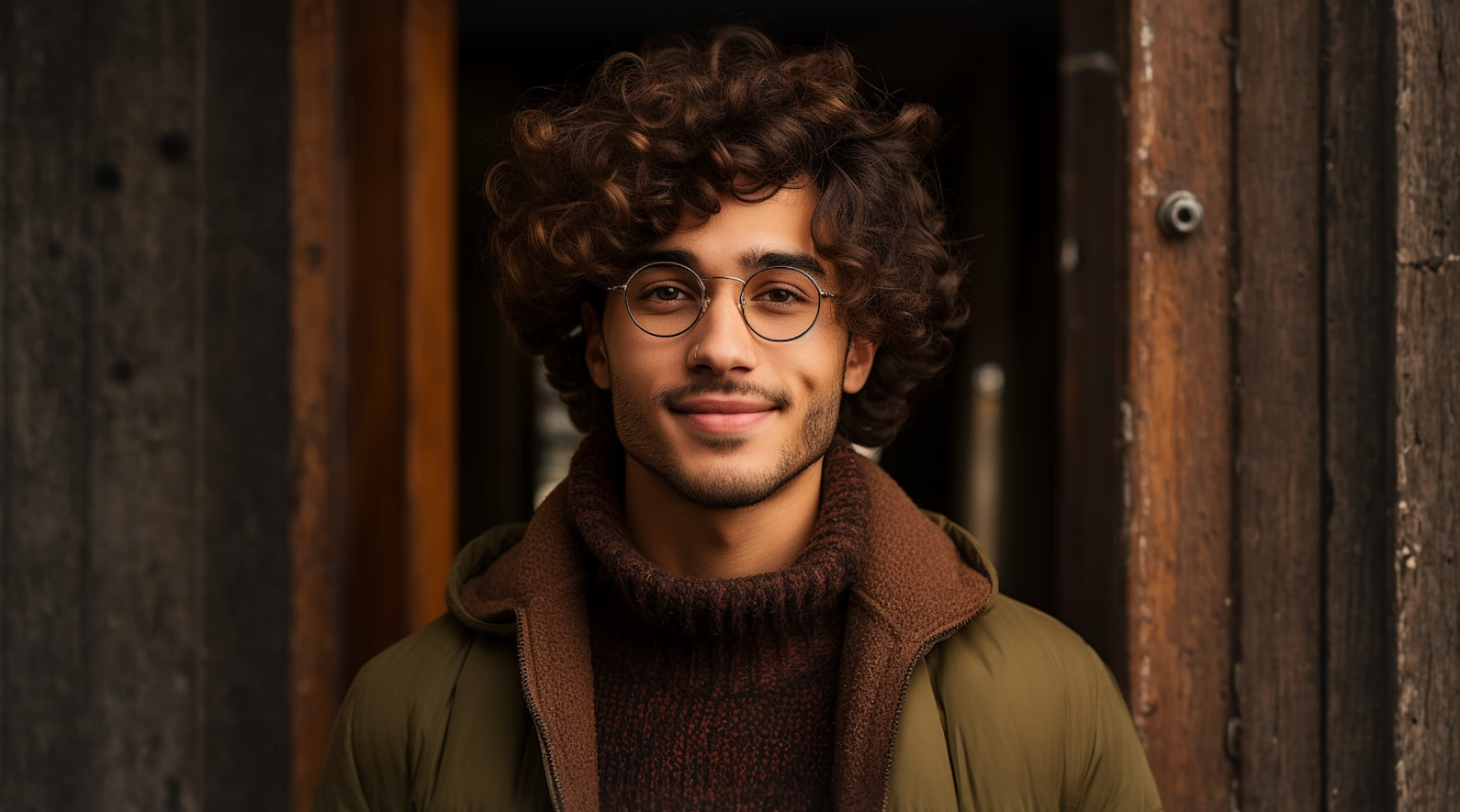 a handsome Indian man with curly hair wearing a glass