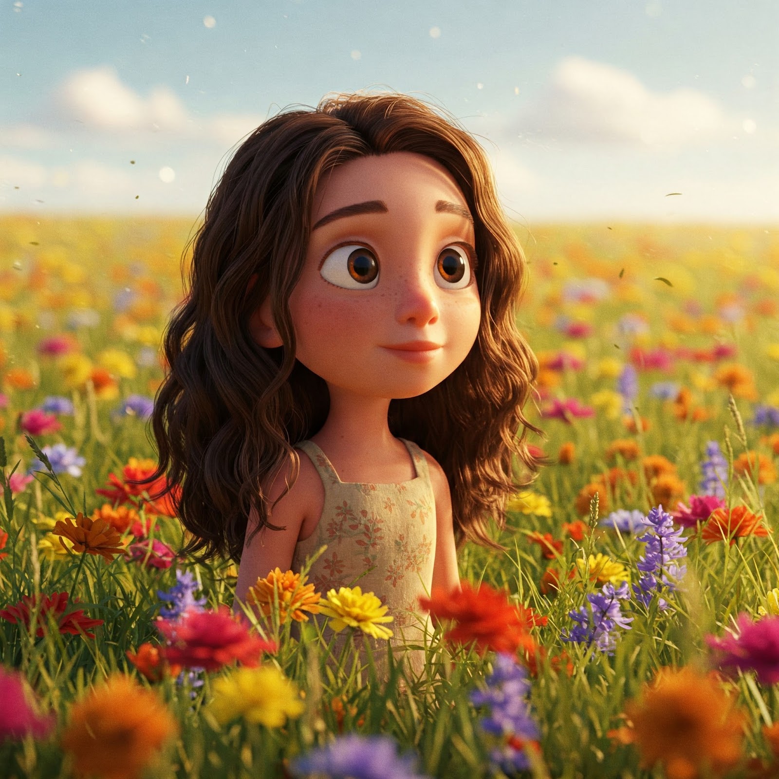 A Pixar-inspired art of a young girl gazing at the vast field of flowers